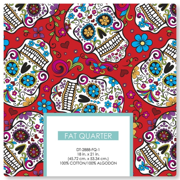 David Textiles 100% Cotton Folkloric Skulls, Red, 18" x 21" for Quilting & Sewing, 1 Each