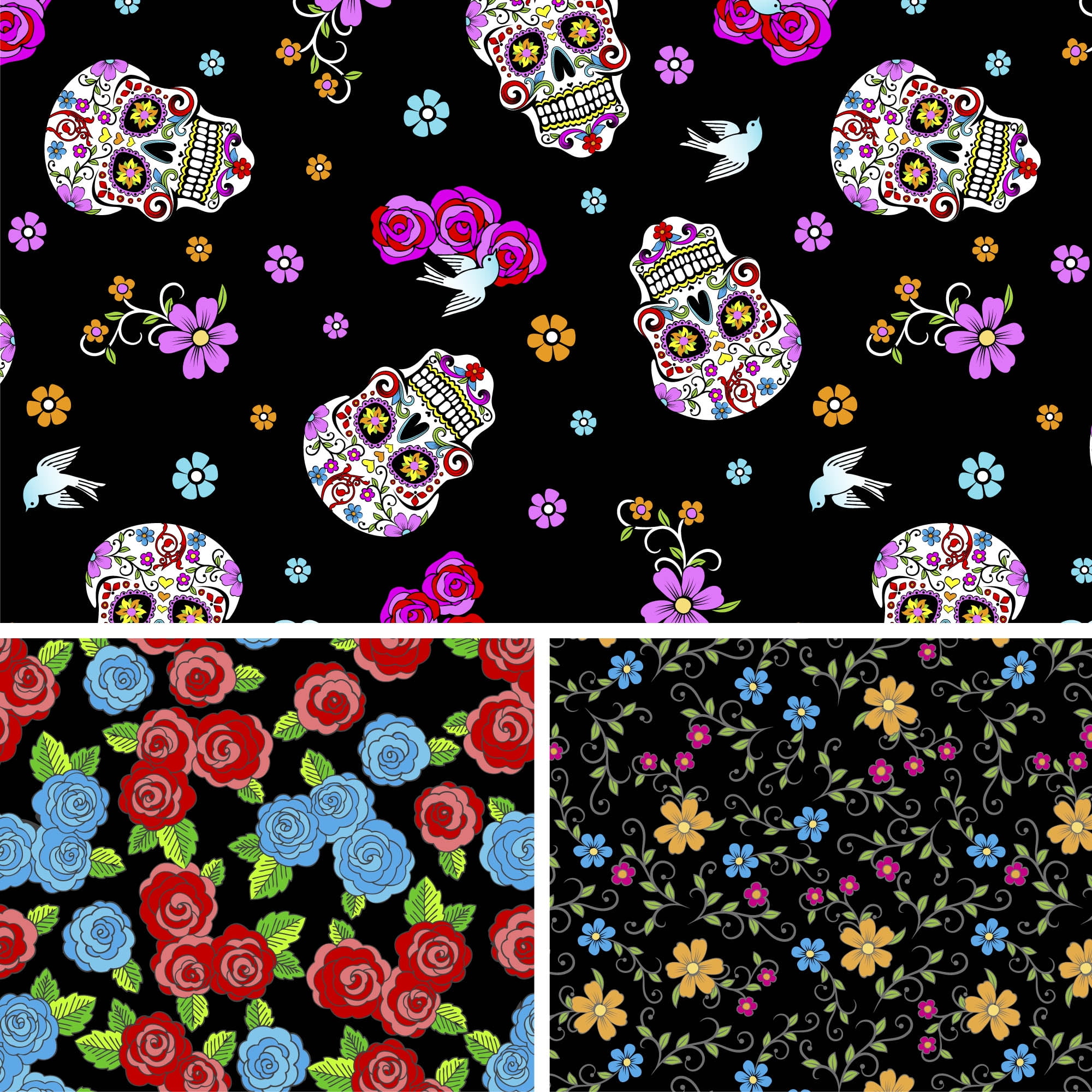1 Yard 100% Cotton Day of the Dead, Black, 44" Wide for Quilting & Sewing by David Textiles