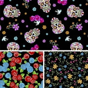 David Textiles 44" x 1 Yard Cotton Day of the Dead w/glitter Precut Fabric, Black