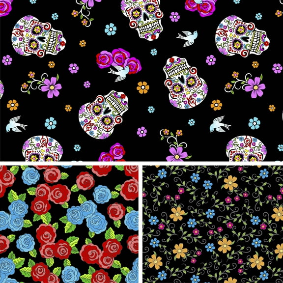David Textiles 44" x 1 Yard Cotton Day of the Dead w/glitter Precut Fabric, Black