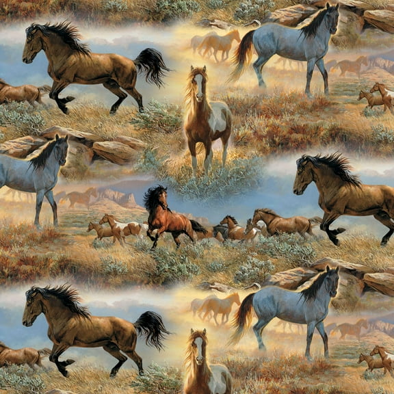 David Textiles 44" x 1 Yard Cotton Horses in the Prarie Precut Fabric, Multicolor