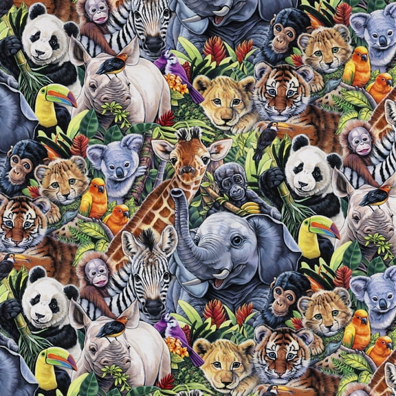 1 Yard 100% Cotton Jungle Babies, Multi-color, 44" Wide for Quilting & Sewing by David Textiles