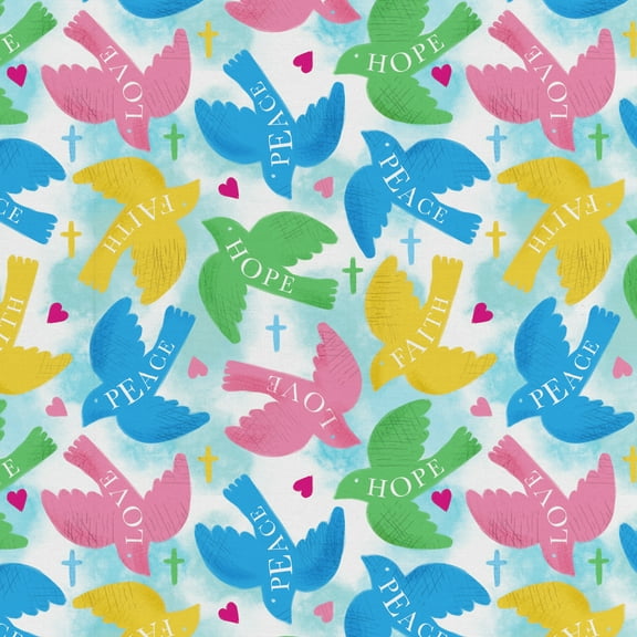 David Textiles 44" x 1 Yard Cotton Peaceful Doves Precut Fabric, White|Multicolor