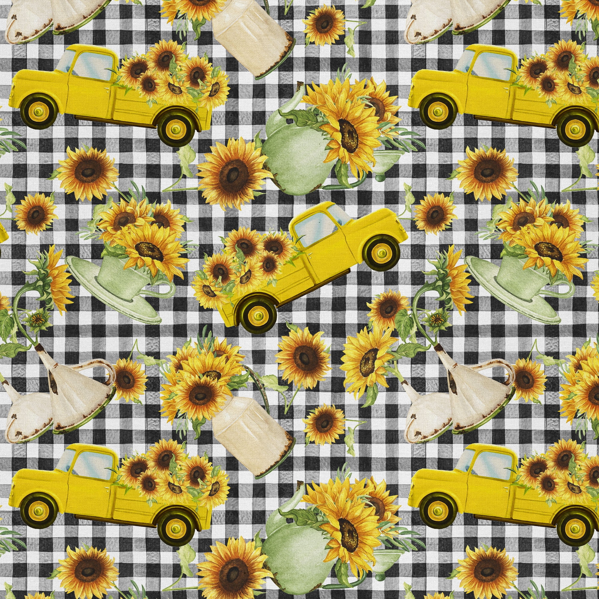 1 Yard 100% Cotton Sunflower Vases, Black, 44" Wide for Quilting & Sewing by David Textiles