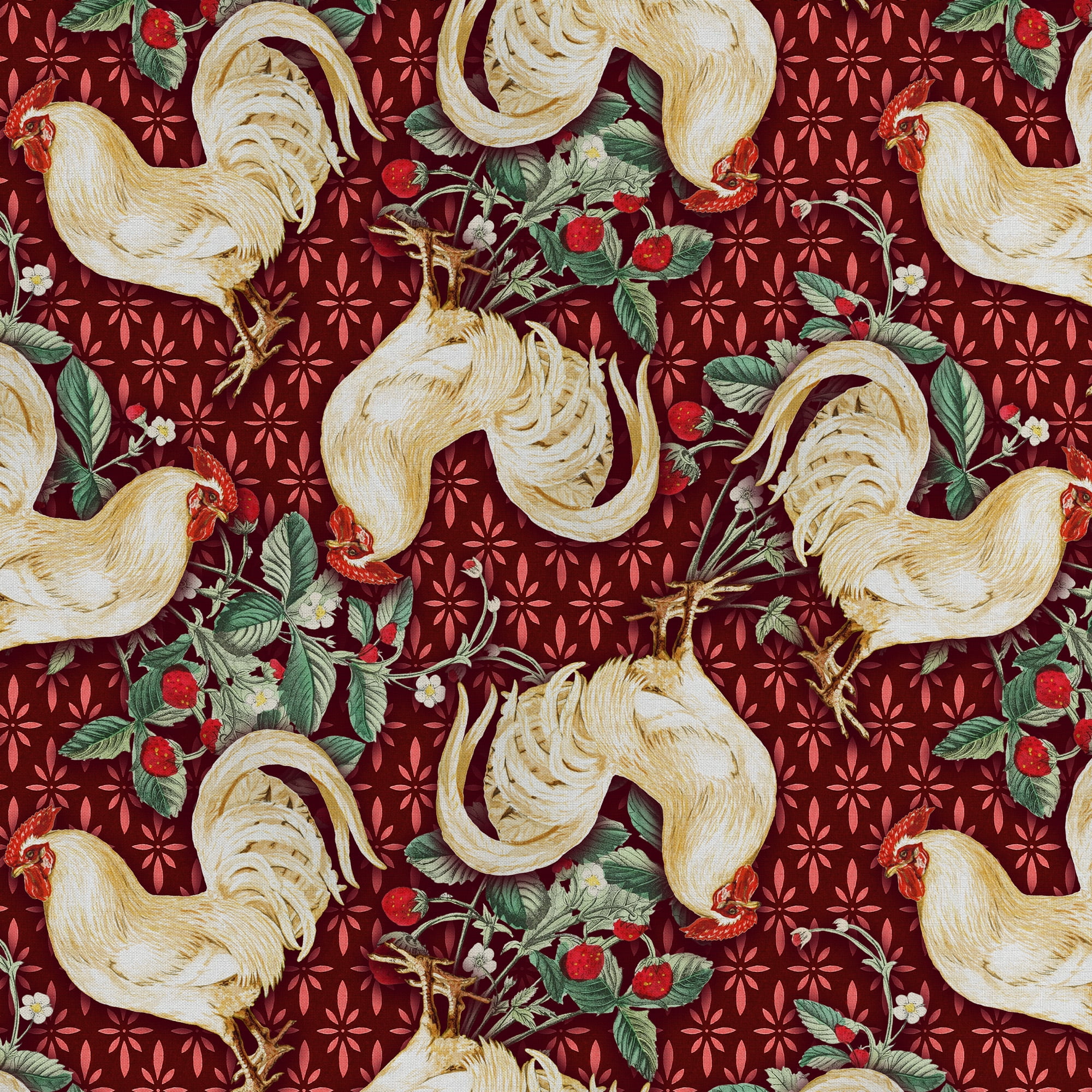 1 Yard 100% Cotton Country Toss Chicken, Red, 44" Wide for Quilting & Sewing by David Textiles