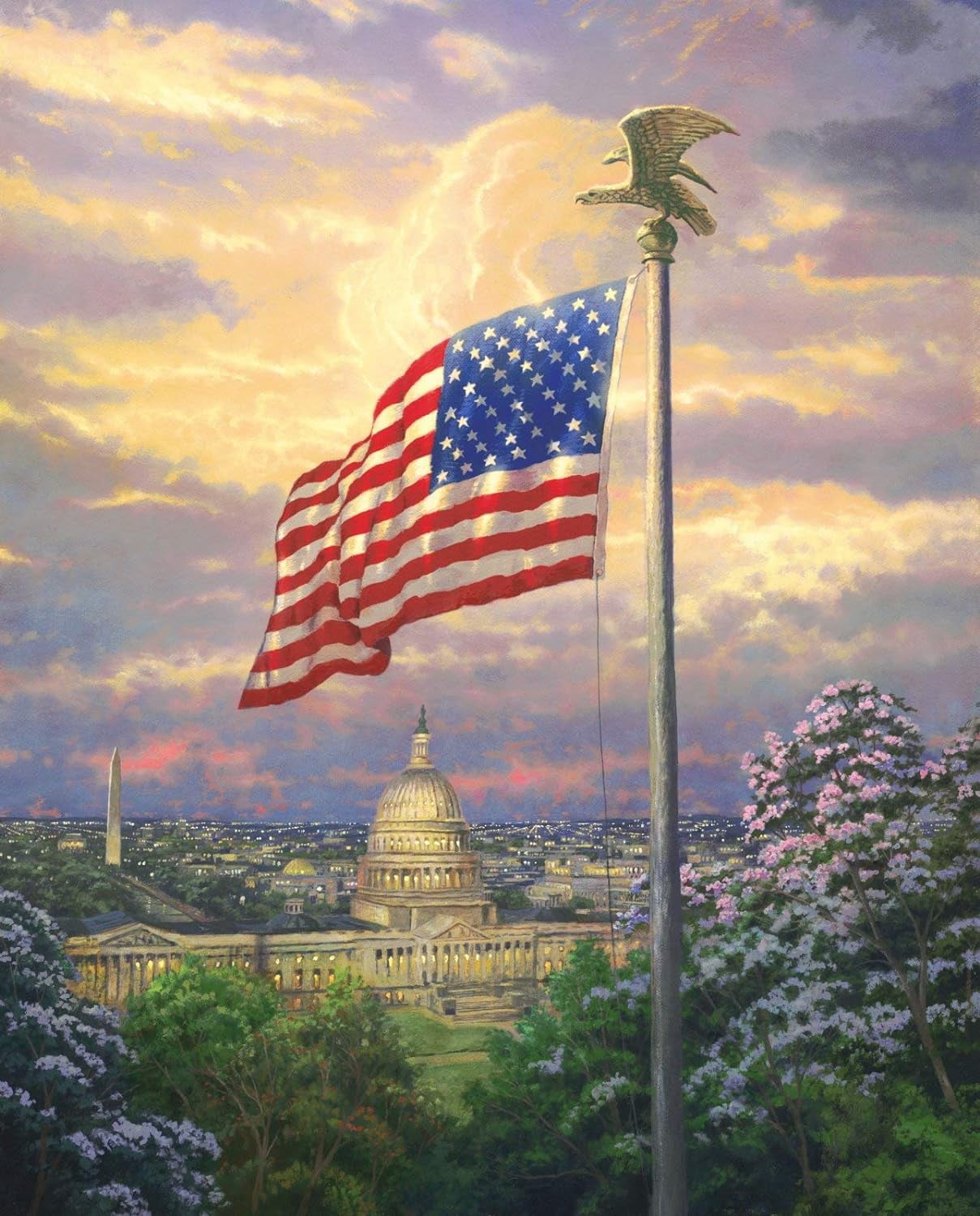 David Textiles America's Pride Panel 36x44 in Digitally Printed White House Capital American Flag Pole 100% Cotton Fabric sold by the panel