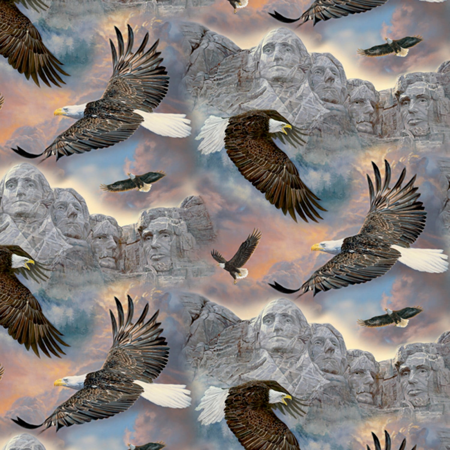 David Textiles American Patriotic Eagle Soaring Over Mount Rushmore Multicolor 100% Cotton Fabric by The Yard