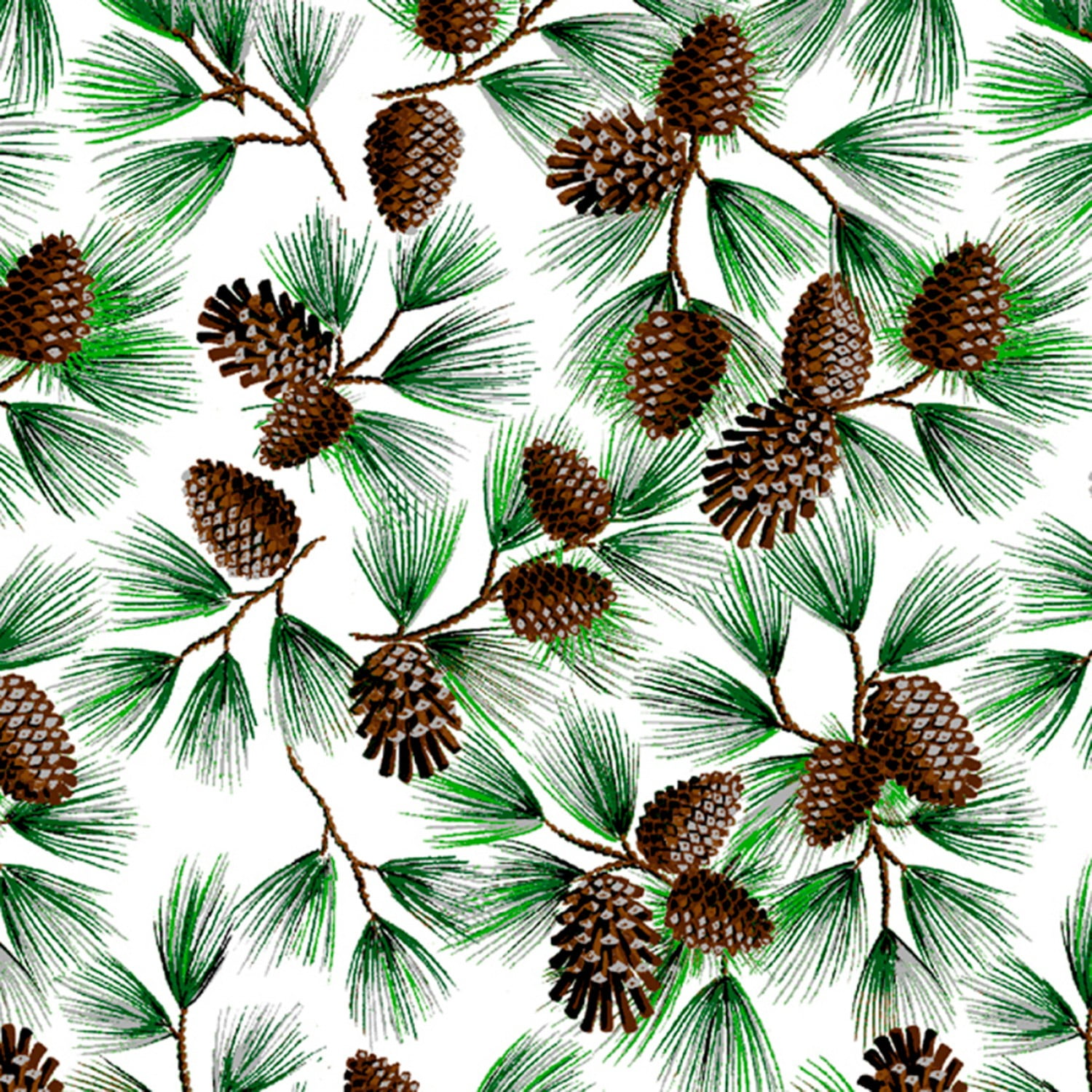 David Textiles Christmas Pinecones With Glitter White/Green 100% Cotton Sold by The Yard