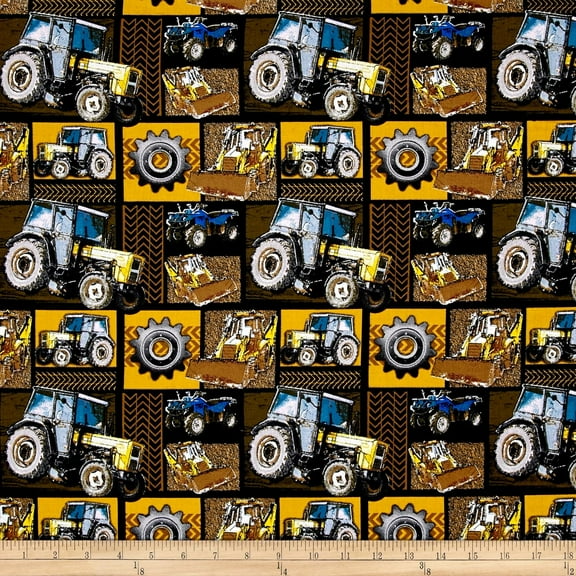 David Textiles Construction Zone Machinery Patchwork Yellow/Black 100% Cotton Fabric sold by the yard