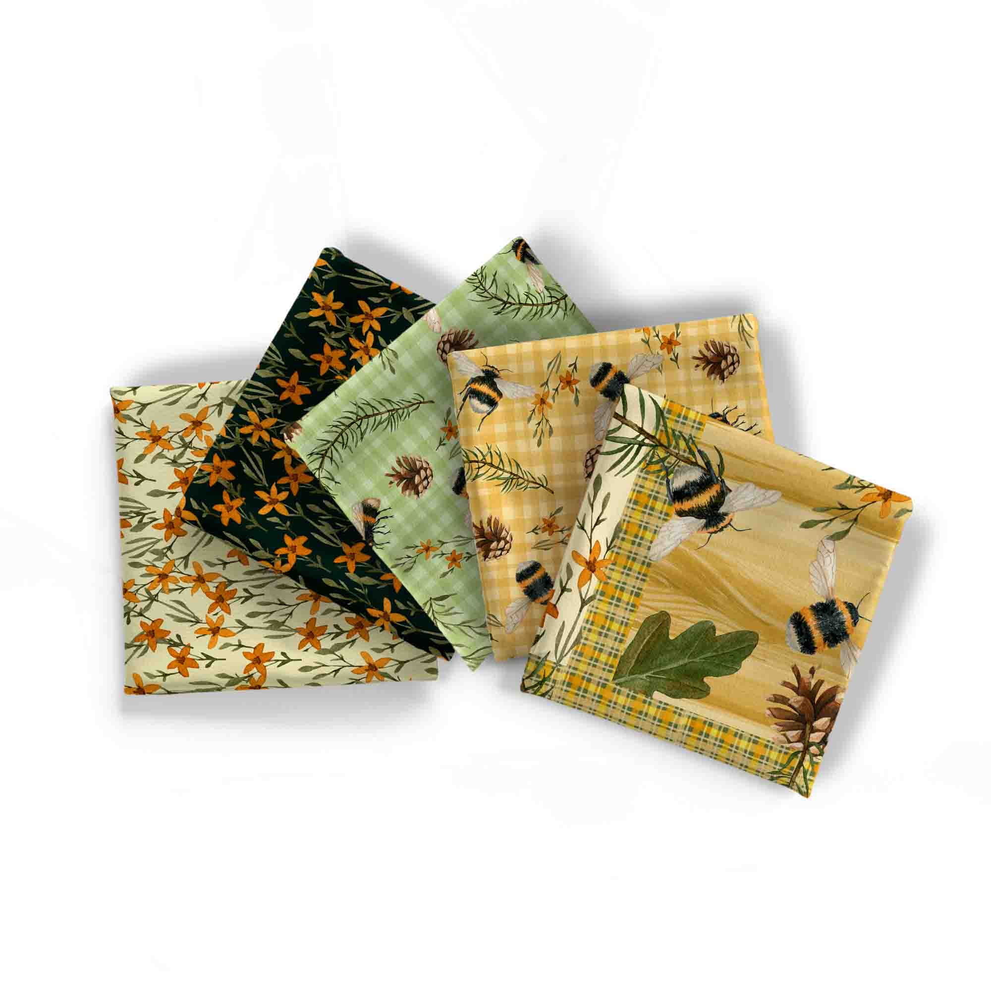 David Textiles 18" x 21" 100% Cotton Bee Story, Multi-color, for Quilting & Sewing, 5 Pieces