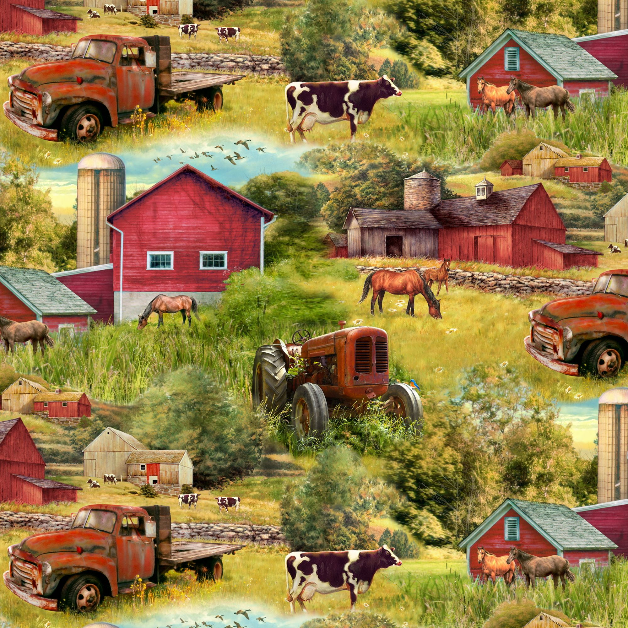 1 Yard 100% Cotton Barns and Trucks, Multi-color, 44" Wide for Quilting & Sewing by David Textiles