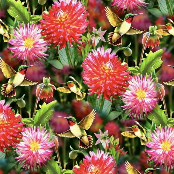 David Textiles Dahlias & Hummingbirds Allover Digital Multicolor 100% Cotton Fabric sold by The Yard