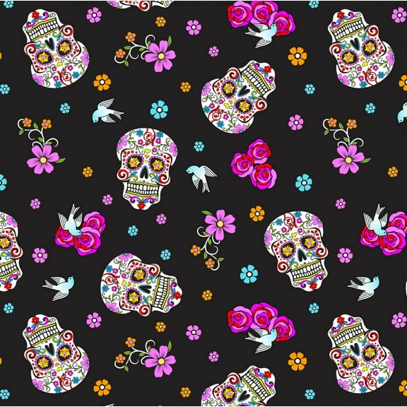 David Textiles Day Of The Dead With Glitter Black 100% Cotton Sold by The Yard