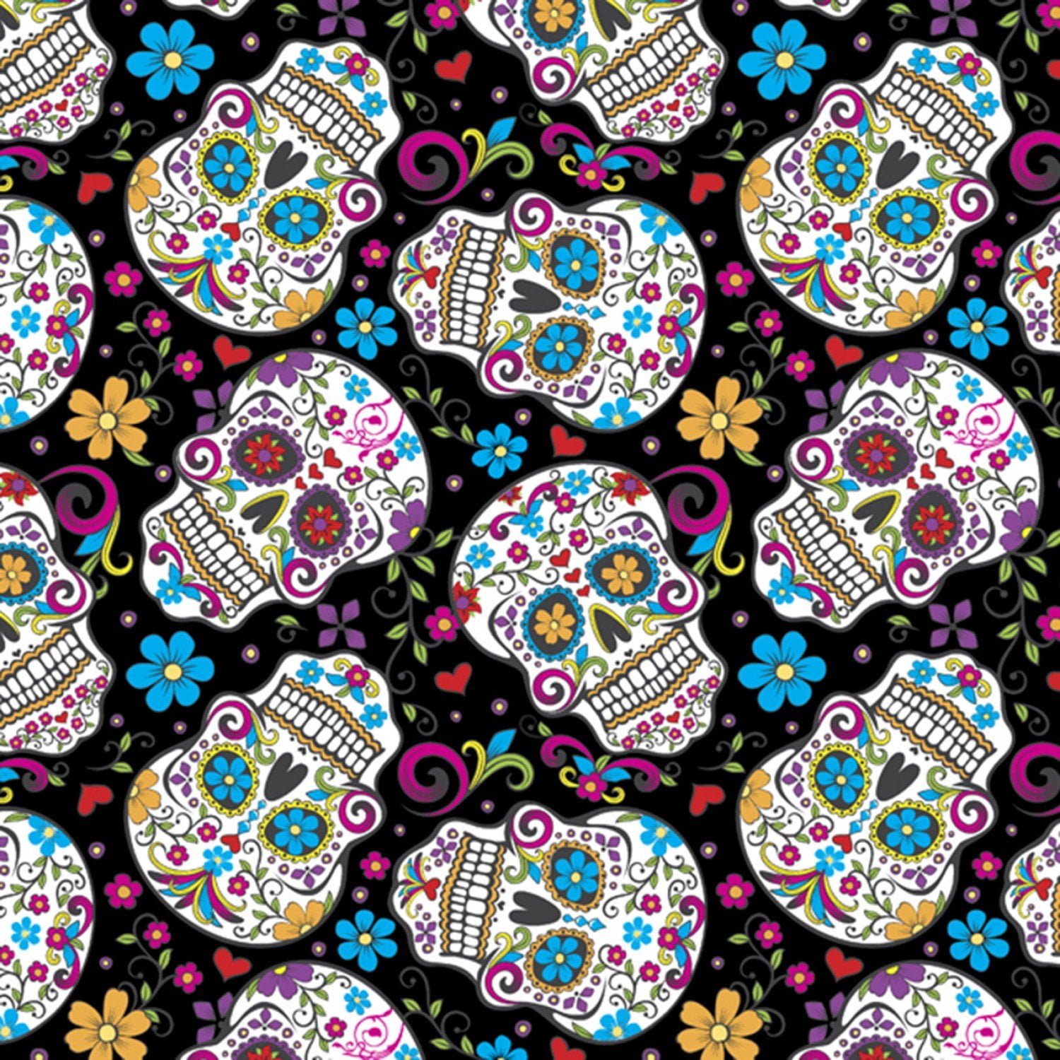 DAVID TEXTILES, INC. David Textiles Day of The Dead Sugar Skulls Folkloric Black 100% Cotton Fabric by The Yard