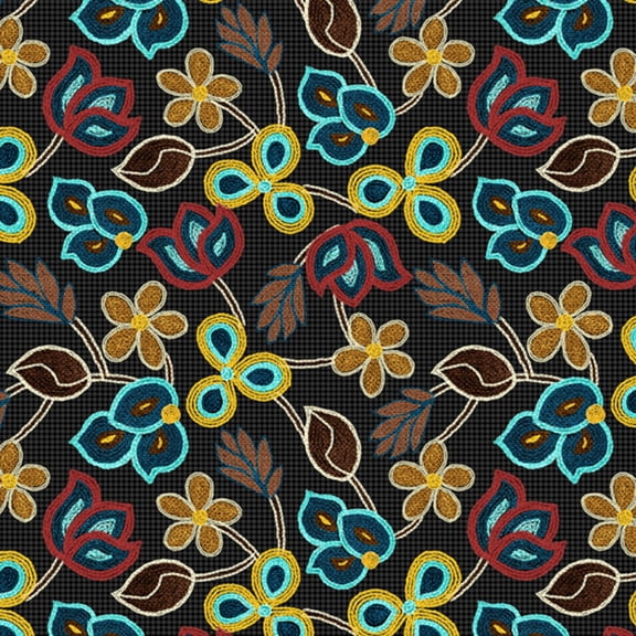 David Textiles Embroidered Petals Black/Multicolor 100% Cotton Fabric by The Yard