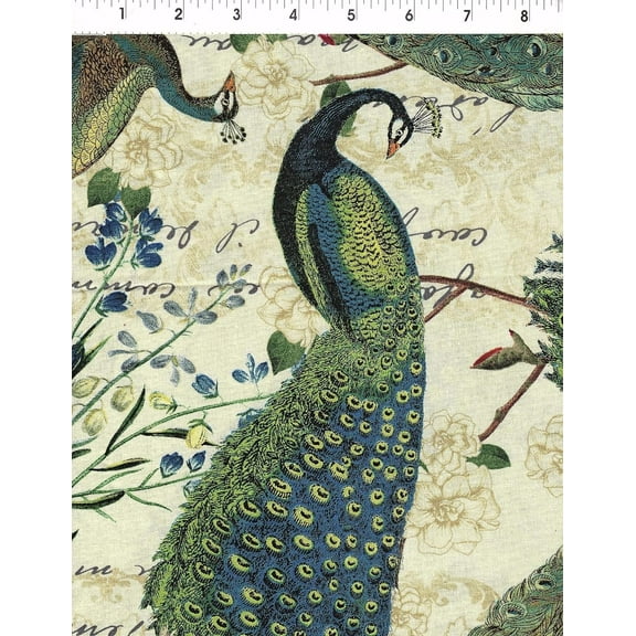 David Textiles French Peacock Arbor Beige 100% Cotton Fabric sold by the yard