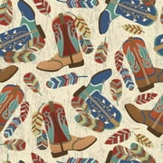 David Textiles 44" x 1 Yard Cotton Boots Feathers Precut, Off-White|Multi-color