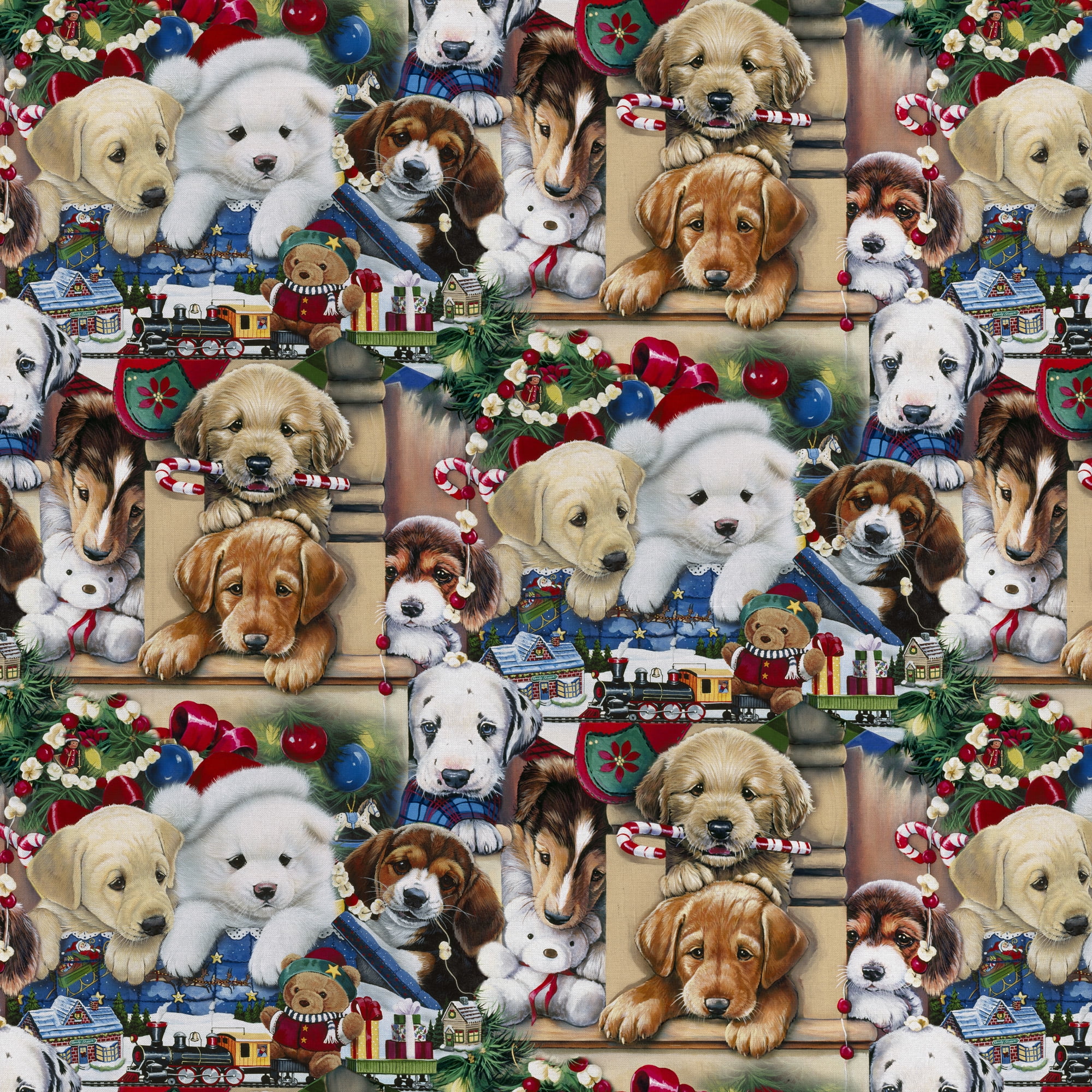 David Textiles, Inc. 44" x 18" 100% Cotton Curious Christmas Pups Precut Sewing & Craft Fabric, Multi-color