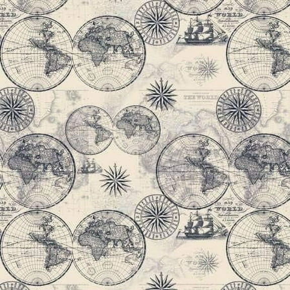 David Textiles Ocean Maps Black Lined Cream 100% Cotton Fabric sold by the yard