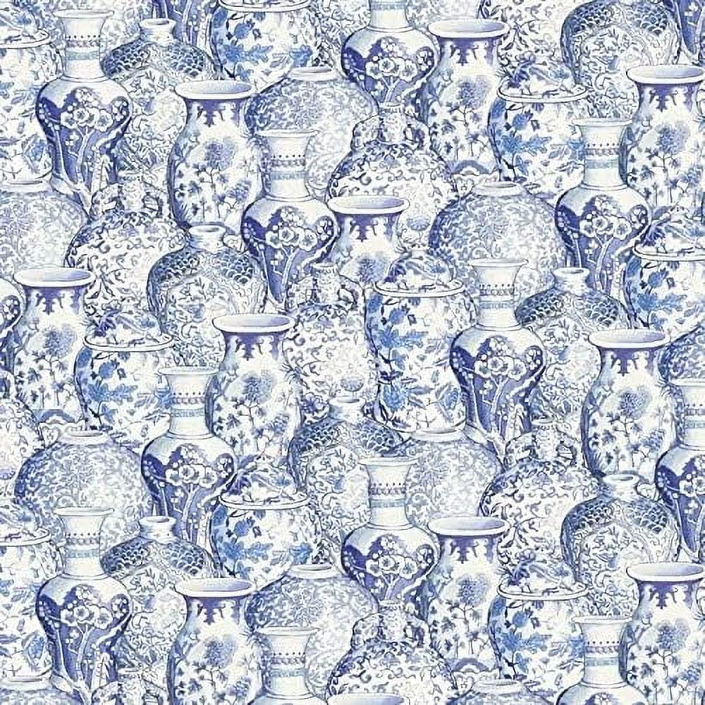 David Textiles Peacock Arbor Ginger Jar China Vase Blue White 100% Cotton Fabric sold by the yard