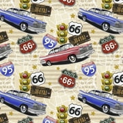 1 Yard 100% Cotton Route 66, Multi-color, 44" Wide for Quilting & Sewing by David Textiles