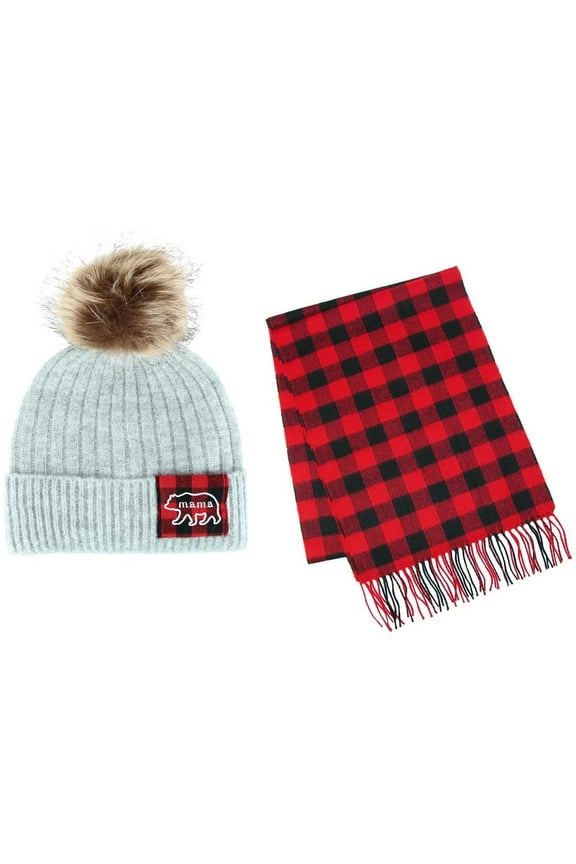 David & Young Mama Bear Winter Beanie and Matching Buffalo Plaid Scarf Set (Women)