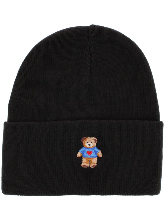David & Young Teddy Bear Embroidery Knit Winter Beanie Hat (Women)