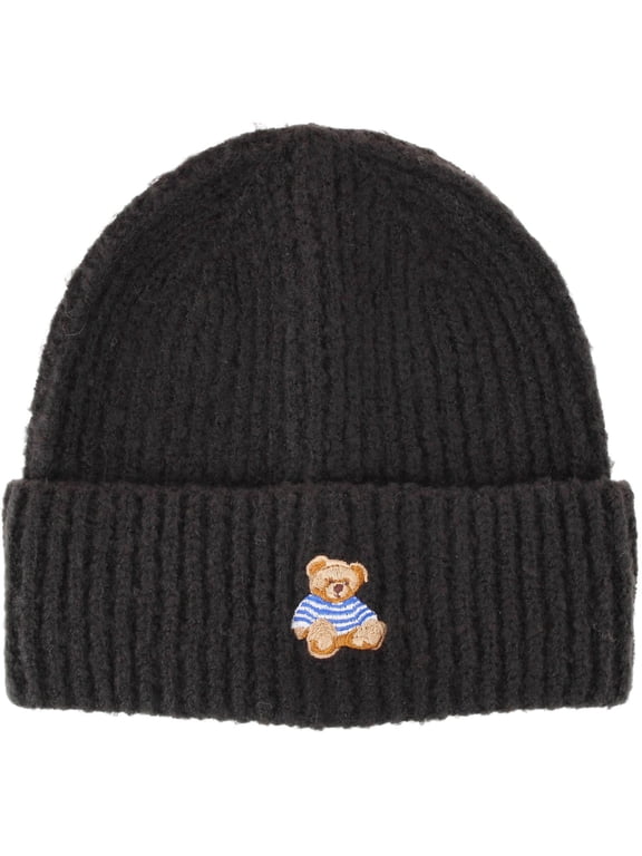 David & Young Teddy Bear Embroidery Ribbed Knit Winter Beanie Hat (Women)
