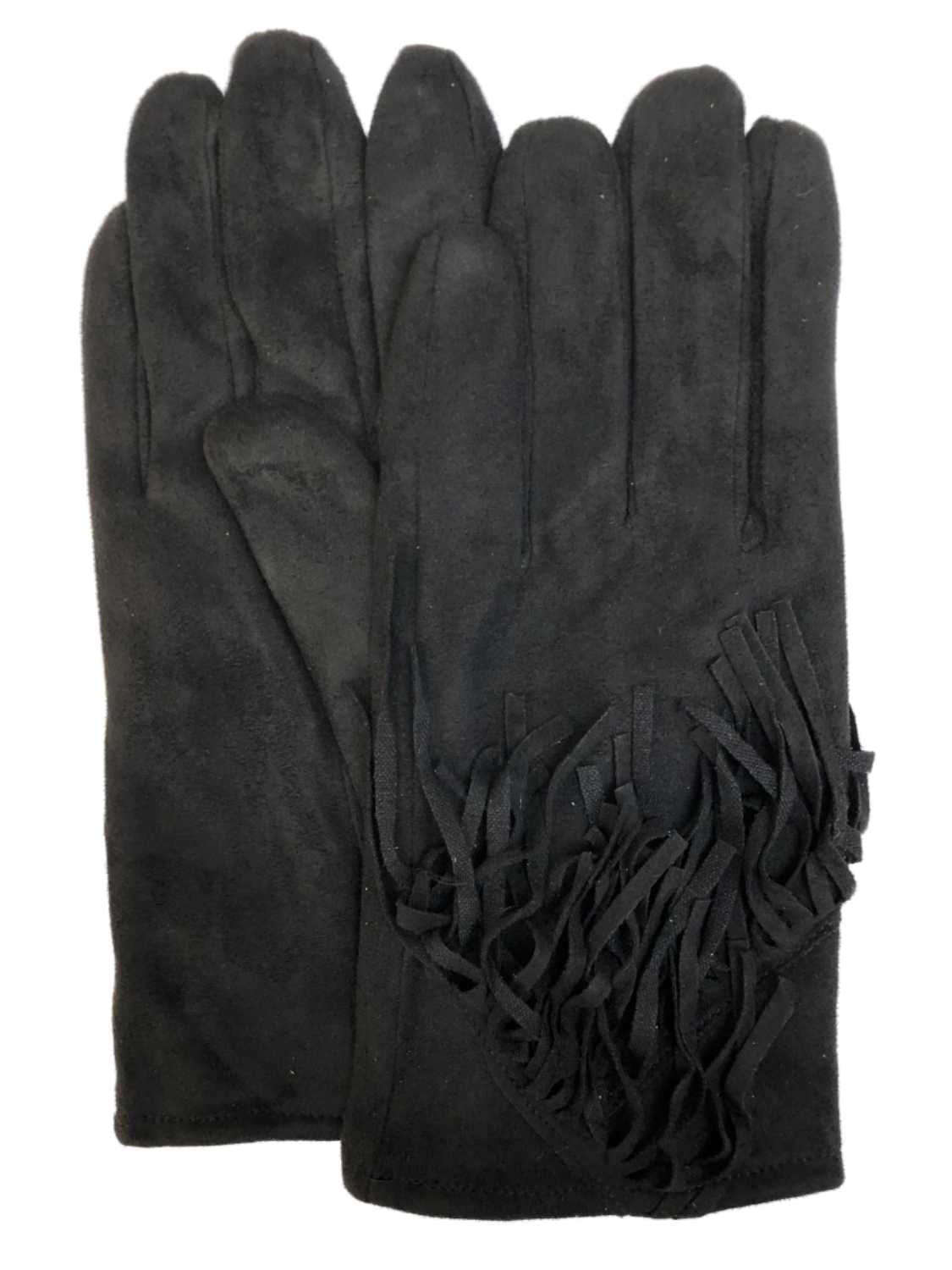 David & Young Womens Black Fringe Suede-Look Stretch Fit Gloves Plush Lined