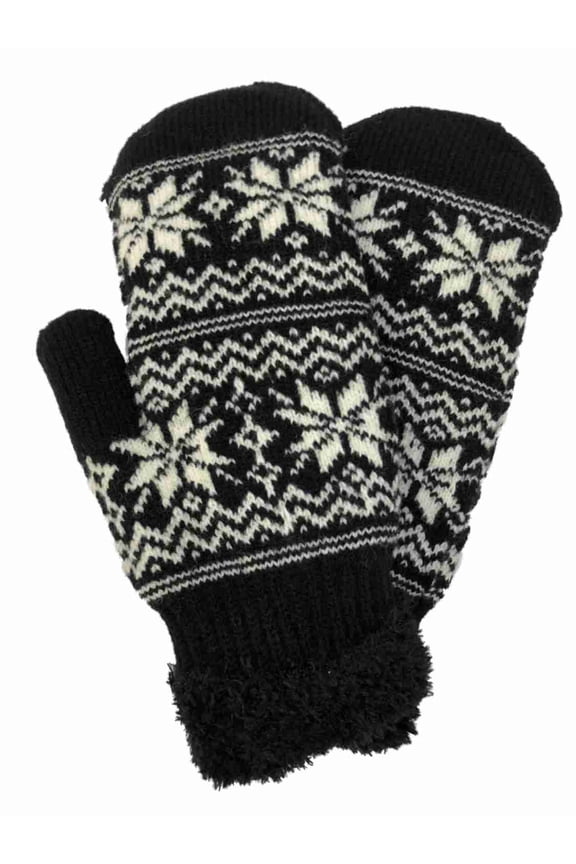 David & Young Womens Black & White Snowflake Knit Mittens Sherpa Lined