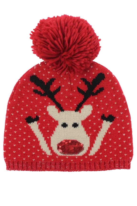 David & Young Womens Red Sequin Reindeer Holiday Beanie Hat Knit Stocking Cap