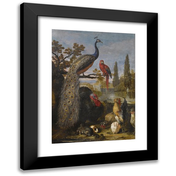 David de Coninck 11x14 Black Modern Framed Museum Art Print Titled - A Peacock, a Parrot, Turkeys, Roosters, Rabbits and a Guinea Pig in a Park
