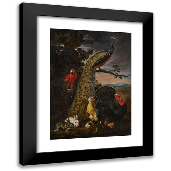 David de Coninck 11x14 Black Modern Framed Museum Art Print Titled - Landscape with a Peacock, Parrot, Chicken, Turkey, Two Rabbits and a Guinea-Pig
