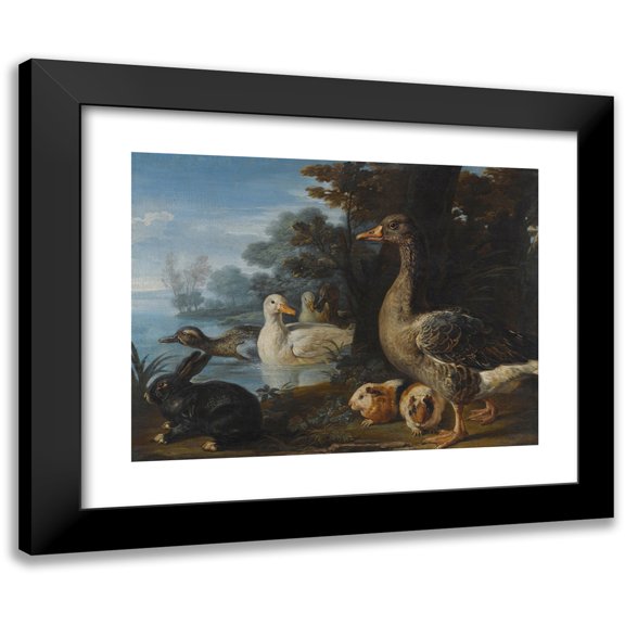 David de Coninck 14x12 Black Modern Framed Museum Art Print Titled - A Cockerel, Hens, Doves and a Parrot in a Formal Garden Setting