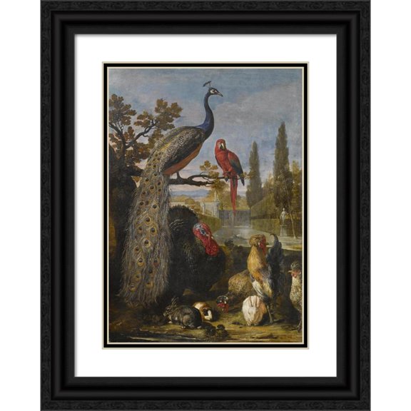 David de Coninck 18x24 Black Ornate Framed Double Matted Museum Art Print Titled: A Peacock, a Parrot, Turkeys, Roosters, Rabbits and a Guinea Pig in a Park
