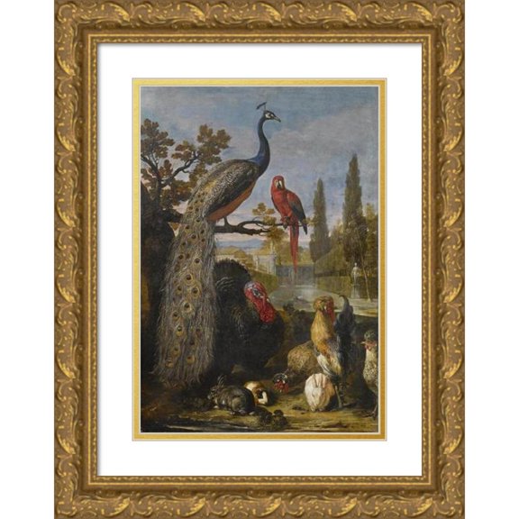 David de Coninck 18x24 Gold Ornate Framed and Double Matted Museum Art Print Titled - A Peacock, a Parrot, Turkeys, Roosters, Rabbits and a Guinea Pig in a Park