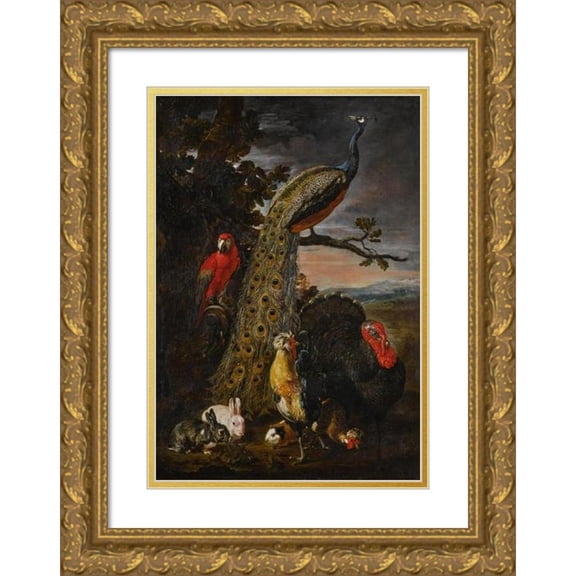 David de Coninck 18x24 Gold Ornate Framed and Double Matted Museum Art Print Titled - Landscape with a Peacock, Parrot, Chicken, Turkey, Two Rabbits and a Guinea-Pig