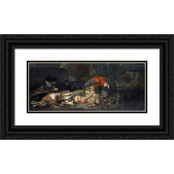 David de Coninck 24x12 Black Ornate Framed Double Matted Museum Art Print Titled: Still Life with Game and Fruits, Parrot, Rabbit and Cat