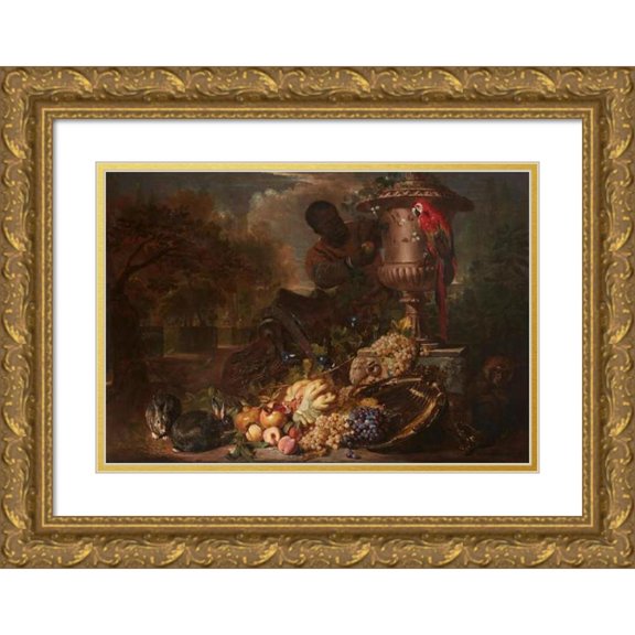 David de Coninck 24x18 Gold Ornate Framed and Double Matted Museum Art Print Titled - A Still Life of Fruit on a Silver Dish with Figure, Rabbits, Parrot, and Monkey Beneath a Broken Capital