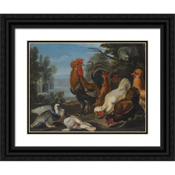 David de Coninck 24x19 Black Ornate Framed Double Matted Museum Art Print Titled: Ducks, Guinea Pigs and a Rabbit in a Wooded Landscape Beside a Lake