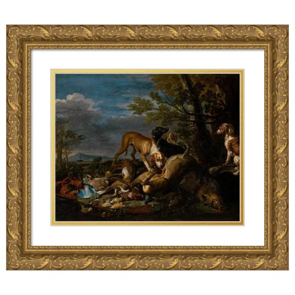 David de Coninck 24x20 Gold Ornate Framed and Double Matted Museum Art Print Titled - Hunting Still Life with Dogs (1650)