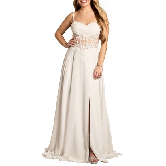 David’s Bridal, The Edit by DB Studio Women's Illusion Lace Bodice A-Line Wedding Dress, Full Length, Chiffon