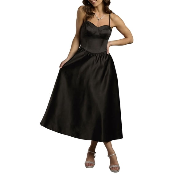 David’s Bridal, The Edit by DB Studio Women's Formal Corset Seam Full Skirt A-Line Dress, Mid-Length, Satin
