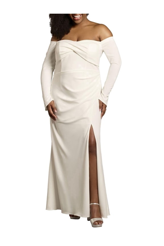 David’s Bridal, The Edit by DB Studio Women's Wedding Dress, Twist Bodice Long Sleeve , Full Length, Crepe