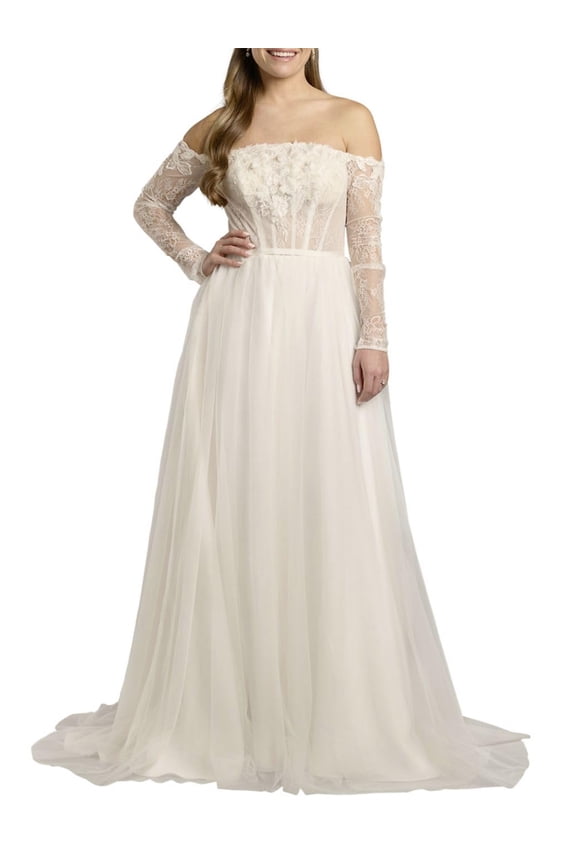 David’s Bridal, The Edit by DB Studio Women's Off-the-Shoulder Corset A-Line Wedding Dress, Full Length, Tulle