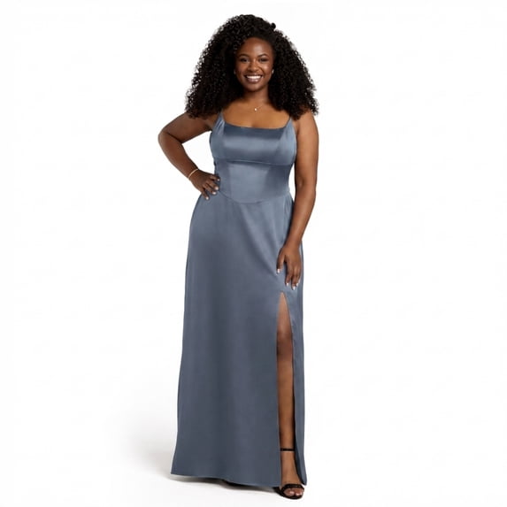 David’s Bridal, The Edit by DB Studio Women's Formal Basque Waist Sheath Dress, Full Length, Stretch Satin