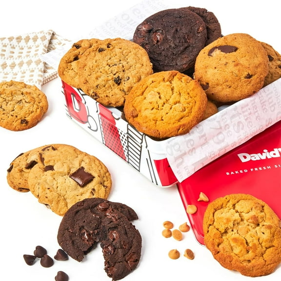 David's Cookies 1lb Assorted Flavors Fresh Baked Cookies Gift TIn- Handmade and Gourmet Cookies - Delectable and Made with Premium Ingredients - Great Gift