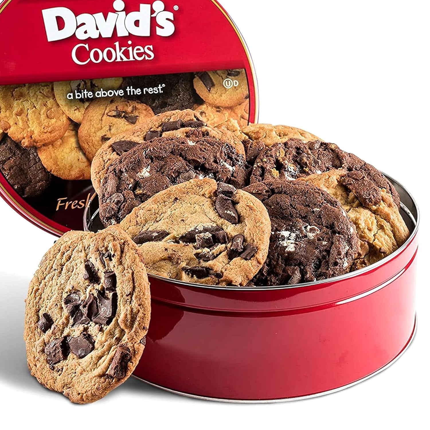 David's Cookies Assorted Fresh-Baked Decadent Cookie Gift Basket Tin Luscious Large Cookies 4 oz. each - Ideal Gift for Birthday Fathers Mothers Day Get Well and Other Special Occasions - 2 Lbs