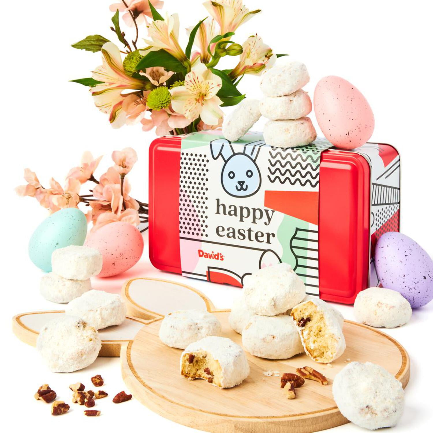 David's Cookies Butter Pecan Meltaways Sweet Sampler in Happy Easter Tin - 1.7 Lbs Butter Cookies with Crunchy Pecans, Soft, And Melt In Your Mouth Flavorful Cookies - Delicious Gourmet Easter Gift