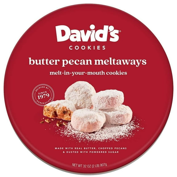 David’s Cookies Gourmet Butter Pecan Meltaway Gift Basket – 32oz Round Tin Butter Cookies with Crunchy Pecan and Powdered Sugar, Ideal Gift for Birthday Fathers Mothers Day Get Well and Other Occasion